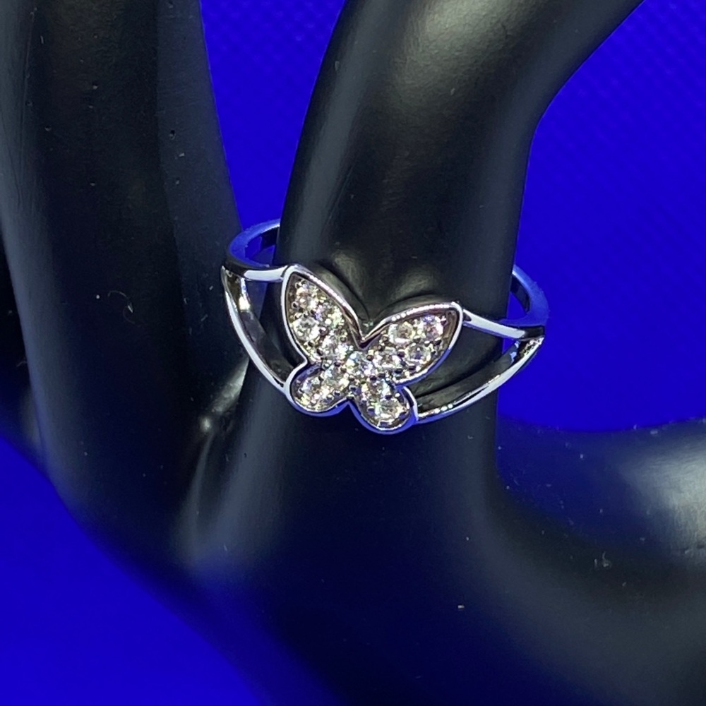 Silvertone & CZ Butterfly Ring, Sz 8